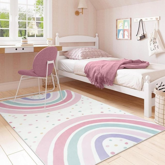 Karpetti Boho Regenbogen Teppich mit buntem Punktmuster, weiche Bodenmatte für Kinderzimmer und Wohnbereich, B/B: 120 x 160 cm - Bild 1