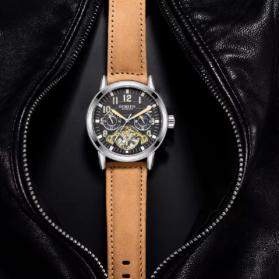 OCHSTIN Herrenuhr, Automatik, Edelstahl, Lederarmband, Schwarz, Silber - Bild 2