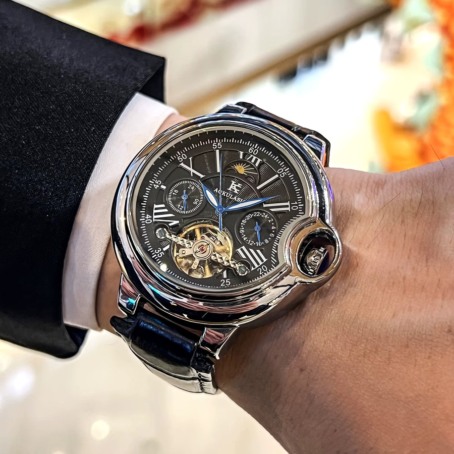 AOKULASIC Armbanduhr, Automatik, Edelstahl, Leder, Schwarz, Herren - Bild 1