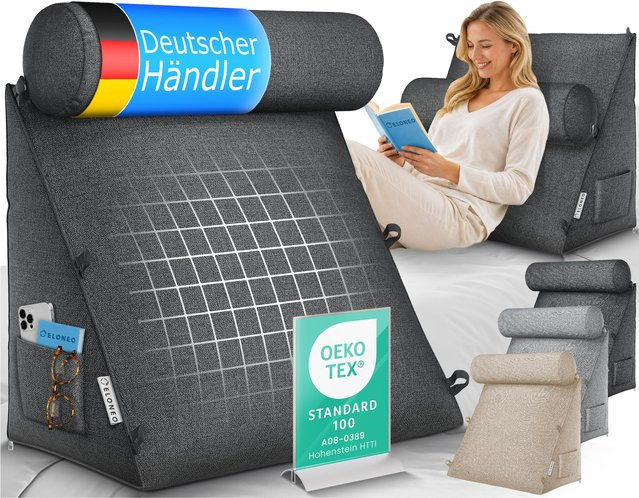 ELONEO Rückenkissen Anthrazit mit verstellbarer und abnehmbarer Nackenrolle, dreieckiges Keilkissen für Bett und Sofa mit waschbarem Bezug und Seitenfach, Breite: 50 cm - Bild 1