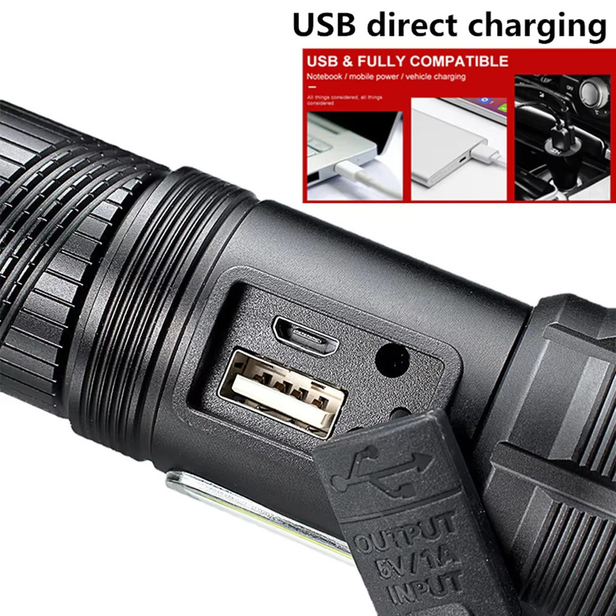 ASORT LED-Taschenlampe mit XHP360+COB, leistungsstarke Zoom-Laterne aus Aluminium mit USB-Aufladung, Schwarz - Bild 4