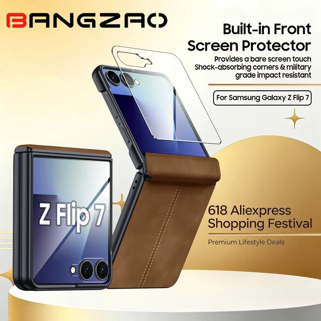 Samsung Galaxy Z Flip 7 Ledercover mit magnetischem Scharnier und 9H Displayschutz in Braun - Bild 1