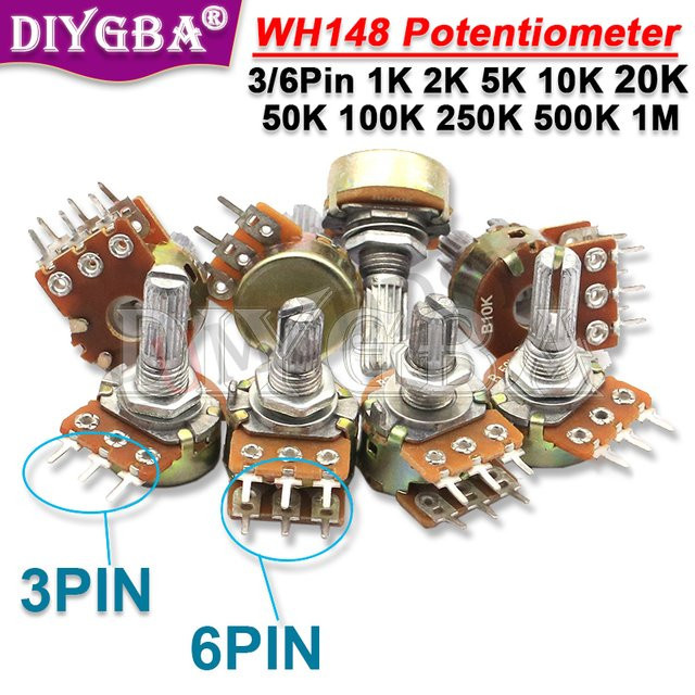 DIYGBA Potentiometer WH148 Set 10 Stück, verschiedene Widerstände von 1K bis 1M Ohm, 3-Pin und 6-Pin, Mehrfarbig - Bild 1