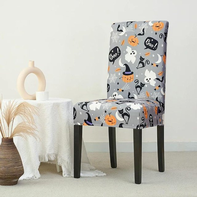 Halloween Kürbis Stuhlhussen aus elastischem Stretch-Material, grau, 1 Stück - Bild 1
