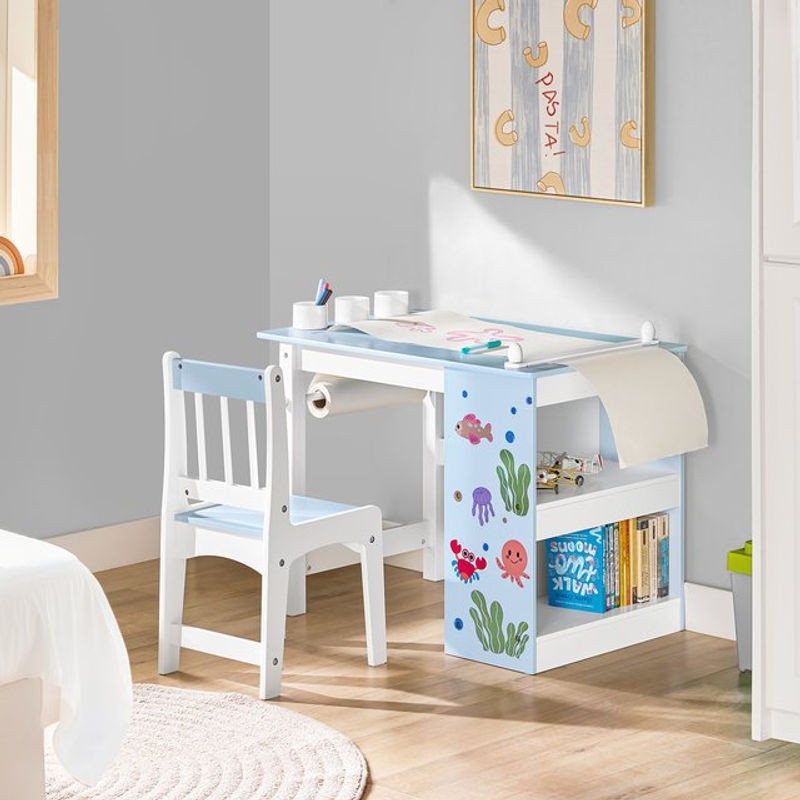 SoBuy KMB60 Kindertisch und Stuhl Set mit Aufklebern in Natur und Blau inklusive 3 Stifthaltern - Bild 1