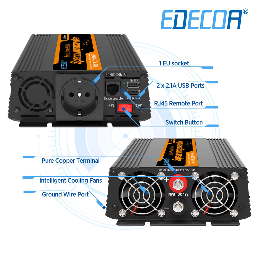 EDECOA Reiner Sinus-Wechselrichter 1000W DC 12V zu AC 220V 230V Netzunabhängiger Konverter in Schwarz - Bild 2