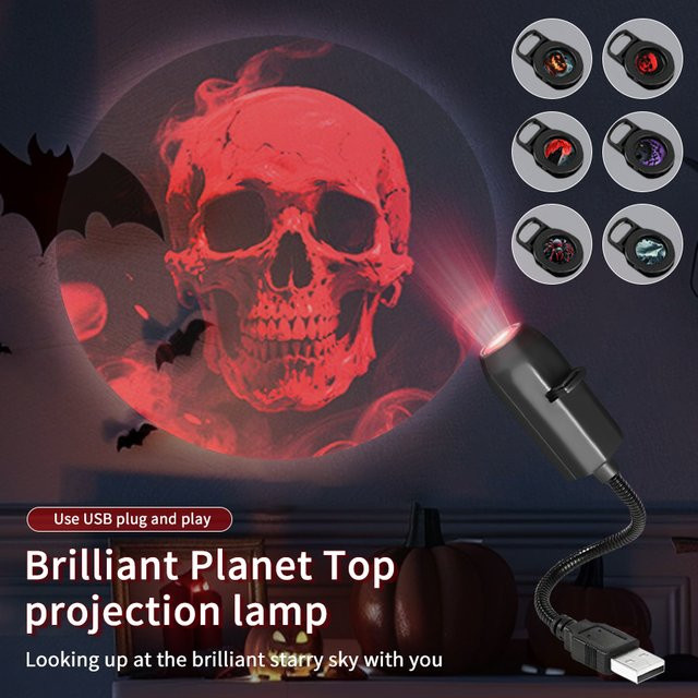 Vacamm Halloween LED Projektion Nachtlicht Kürbis Wandlampe in Schwarz mit USB-Anschluss für stimmungsvolle Dekoration - Bild 1