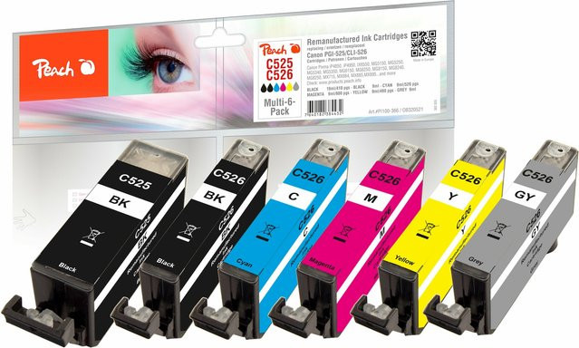 Peach C525 6er Set Druckerpatronen XL Multicolor wiederaufbereitet für Canon PGI-525 und CLI-526 - Bild 1