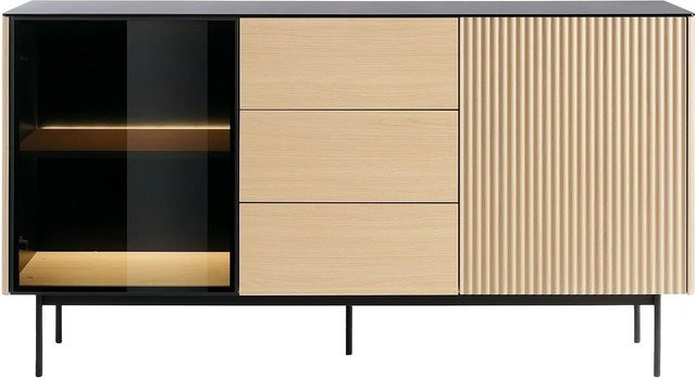 Vente-unique Sideboard Sayera Modern in Schwarz und Naturfarben Hell mit integrierter Beleuchtung und Rauchglas, Breite: 157 cm - Bild 1