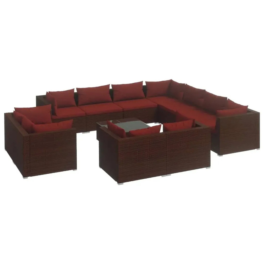vidaXL 12-tlg. Garten-Lounge-Set in L-Form mit Kissen und Couchtisch, Braun/Rot, Poly-Rattan und Metallgestell - Bild 2
