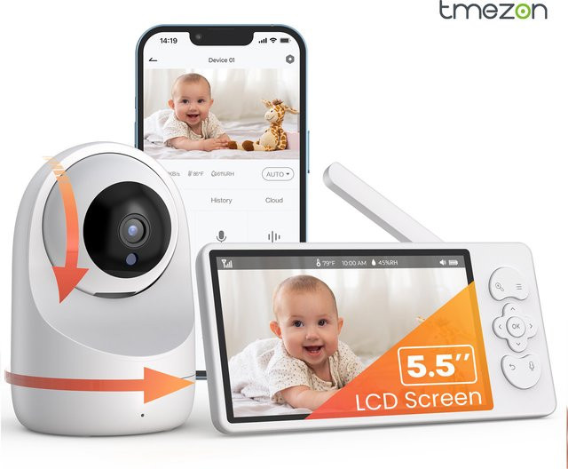 TMEZON 2K PTZ IP-Kamera WLAN-Video-Babyphone mit 5,5-Zoll-Display, 3MP Sicherheitsüberwachungskamera in Weiß mit Temperatursensor, Fernzoom und automatischer Verfolgung - Bild 1