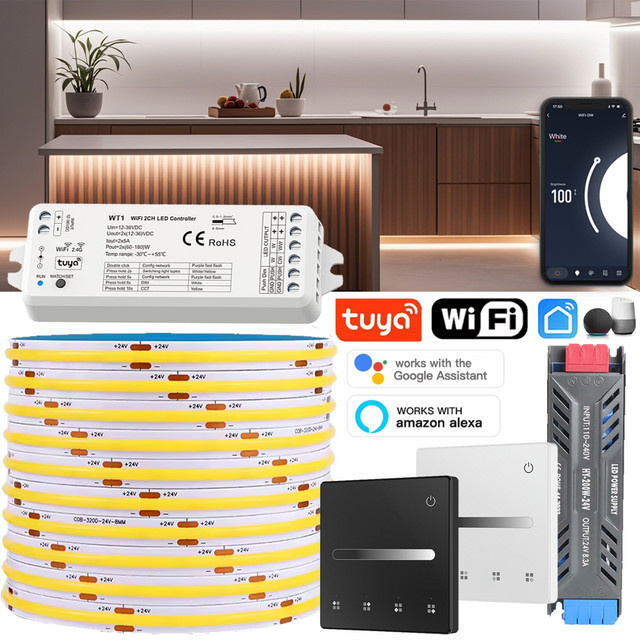 YSRSAI Smart COB LED Streifen Set mit Tuya WiFi, 24V dimmbarer LED Lichtleiste in Weiß mit Touch Panel und Fernbedienung für Schrank und Möbel - Bild 1