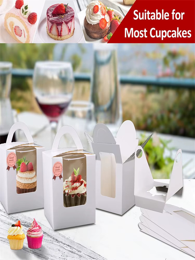 10 Weiße Papier-Cupcake-Behälter mit Innentablett und transparentem Fenster für Hochzeiten und Feiertage - Bild 2
