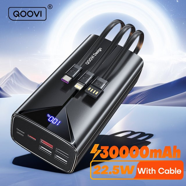 QOOVI Powerbank 30000 mAh mit 22,5 W Schnellladefunktion und integrierten Kabel in Schwarz - Bild 1