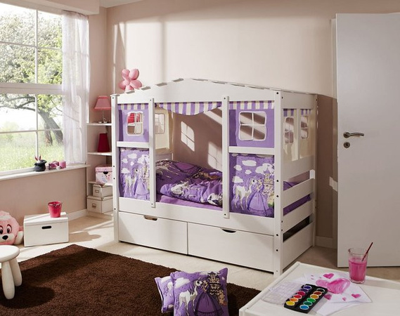 TICAA Hausbett MINI Prinzessin aus Kiefernholz in Lila mit 2 Schubkästen und Matratze