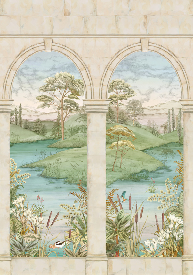 Osborne & Little Wandbild Colonnato Plaster in Grün Blau Beige als klassische Landschaft Tapete aus Vlies - Bild 1