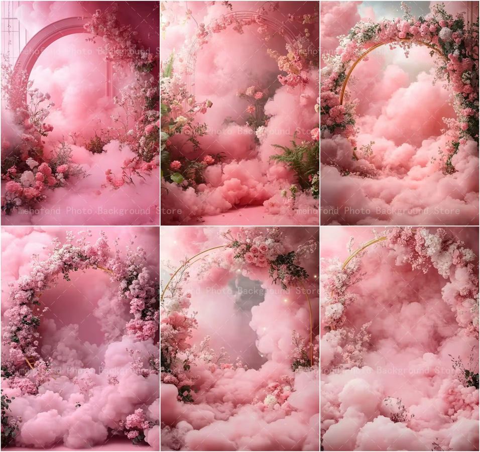 Mehofond Fotohintergrund mit rosa Wolken und floralem Design in Pink für Babyparty oder Geburtstag - Bild 2