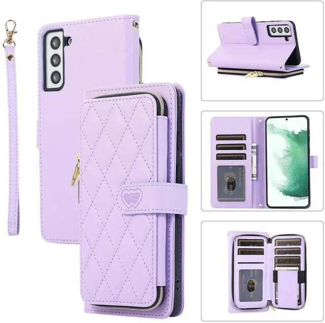 Crossbody Lanyard Leder Geldbörse und Handyhülle mit Reißverschluss für Samsung Galaxy S25 S24 FE S23 Ultra S22 Plus S21 S20 S10 Flip in Schwarz, Grün, Lila, Rosa oder Weiß - Bild 1