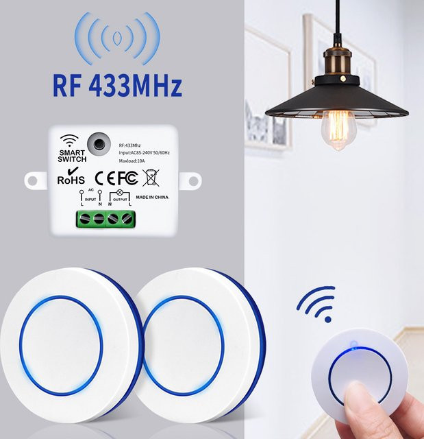 GGBEE Drahtloser Lichtschalter RF 433 MHz mit Mini Rundtaste, 10A Relais Controller für LED Lampen, Weiß - Bild 1