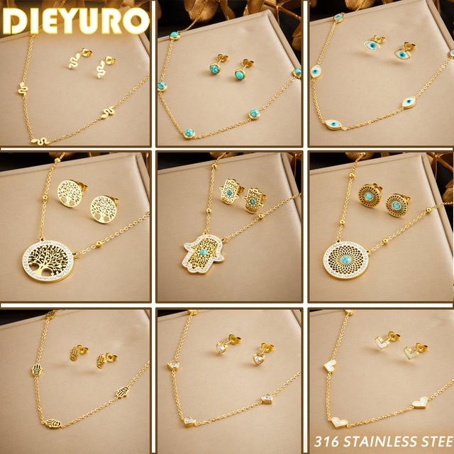 DIEYURO Schmuck-Set, Halskette, Ohrringe, Edelstahl, Gold, Türkis, Damen - Bild 1