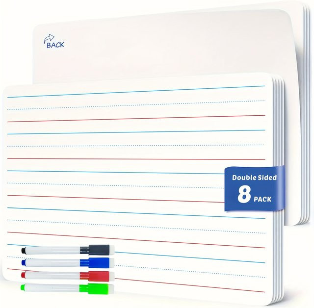 12-teiliges Whiteboard-Set in Weiß mit 4 Stiften, doppelseitige und trocken abwischbare Schreibtafeln für die Schule und zum Lernen - Bild 1