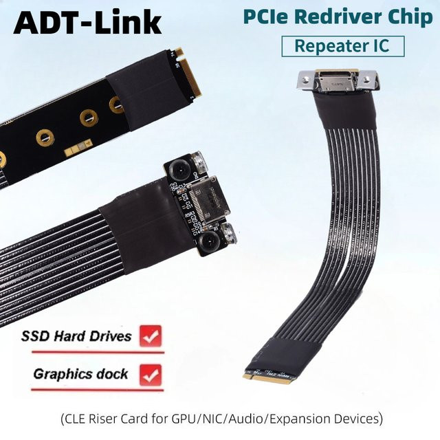 ADT-Link PCIE 5.0 X4 M.2 NVMe zu OCuLink Riser-Kabel SFF-8611 SFF-8612 Adapter für externe GPU-Docks in Schwarz - Bild 1