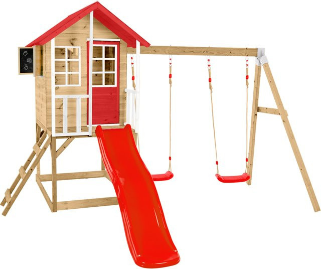 Zwerkules Holzspielhaus Lolla 3 mit Rutsche und Doppelschaukel, natur/rot, B/T/H: 370 x 352 x 224 cm - Bild 1