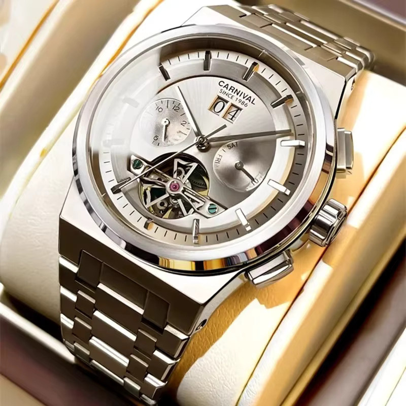 KARNEVAL Armbanduhr Automatik, Edelstahl, Silber, Leder, Herren - Bild 6