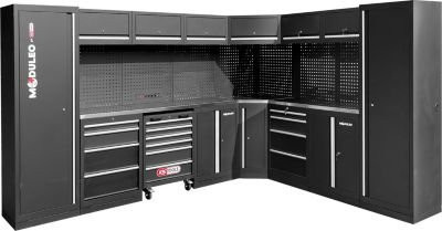 KS Tools Werkstattsystem freistehend in Schwarz mit Edelstahlplatte und MDF-Kern, inklusive 6 LED-Unterbauleuchten, Steckdosenleiste mit 4x Schuko und USB-A/C, Werkstattwagen, XXL- & Hängeschränken sowie Lochwand, Breite: 340 cm - Bild 1