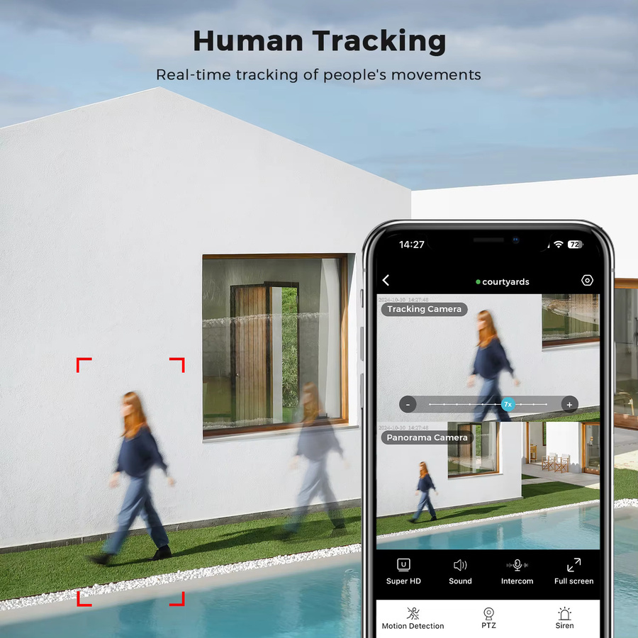 HAMROLTE O-Kam Pro PTZ Outdoor Überwachungskamera mit 15MP 6K Auflösung, Drei-Objektiv-System, 10X Zoom, Dual-Bildschirm und Auto-Tracking in Schwarz - Bild 4