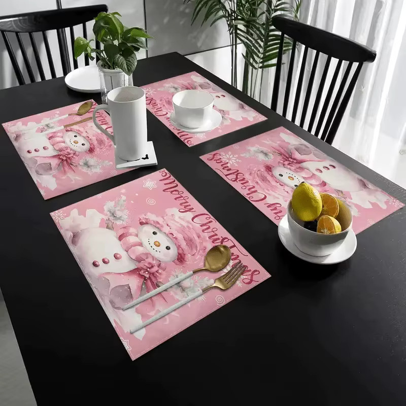 VIKAMA 4er Set Weihnachts-Tischsets mit rosa Schneemann-Muster, festliche Tischdekoration - Bild 4