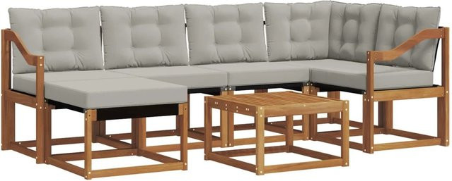 vidaXL Outdoor-Sofagarnitur 7-teilig aus Akazienholz und Textilene in Natur mit hellgrauen Kissen - Bild 1