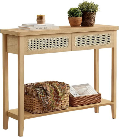 Songmics Konsolentisch Ellan in Eiche mit 2 Schubladen im Boho-Stil und Rattan-Optik