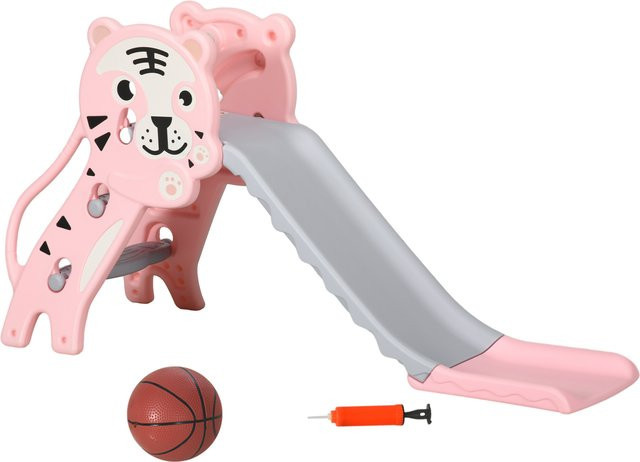 Aosom Kinder Rutsche mit seitlichem Basketballkorb, Kunststoff, Rosa und Grau - Bild 1
