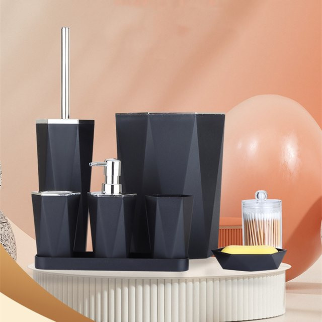 Modernes Badezimmer Set aus Kunststoff in Grau bestehend aus Zahnbürstenhalter, Becher, WC-Bürste und Mülleimer - Bild 1