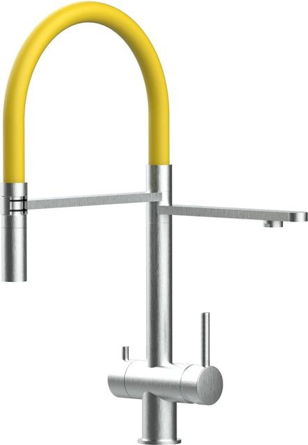 VIZIO Küchenarmatur aus Edelstahl mit 3-Wege-Funktion, 360° schwenkbarem Auslauf und abnehmbarer 2-Strahl Handbrause, gebürstet, Gelb/Silber - Bild 1