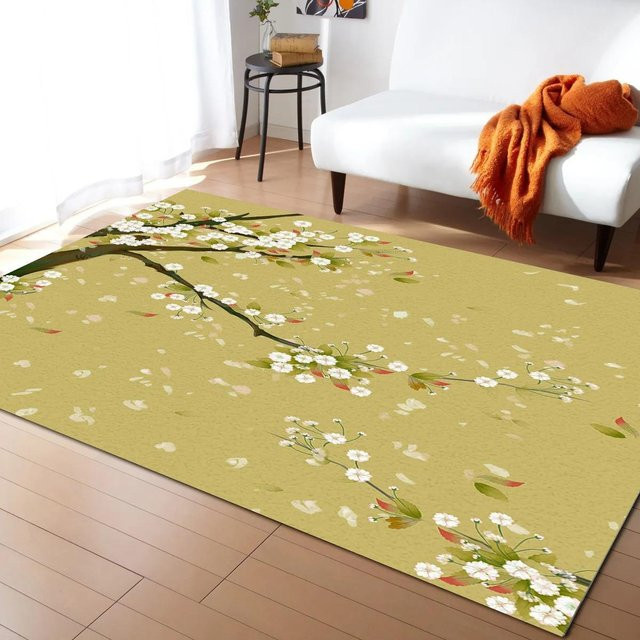 Karpetti Japanischer Sakura Kirschblüten Teppich mit floralem Design, Gelb, B/T: 120 x 180 cm - Bild 1