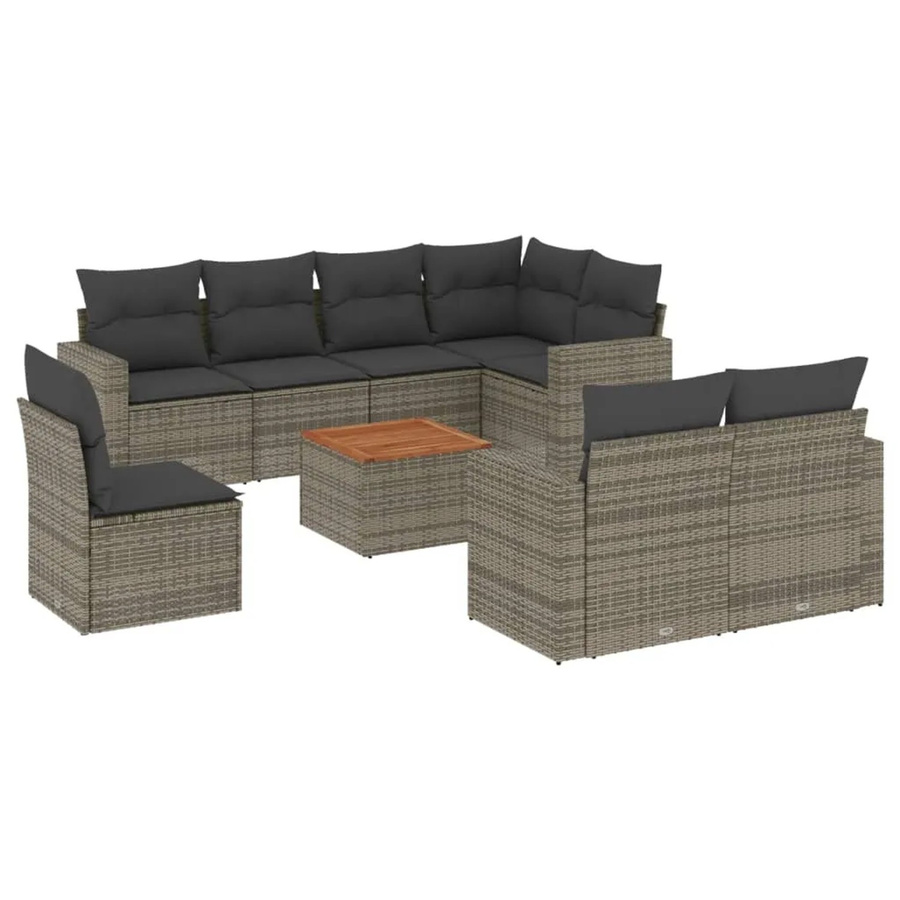 vidaXL 9-teilige Garten-Sofagarnitur aus Poly-Rattan und Akazienholz mit Kissen in Grau - Bild 2