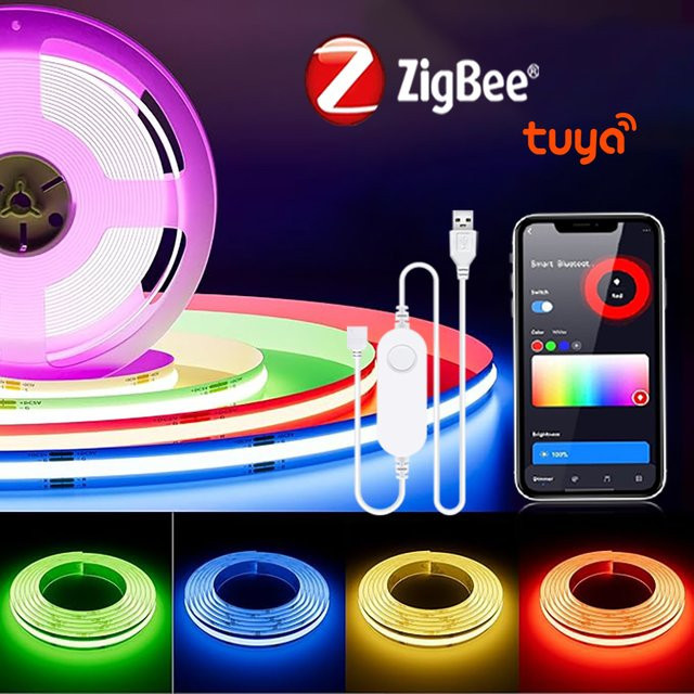 Rybakov ZigBee Smart Tuya COB LED Streifen RGBWW mit USB 5V und Controller, dimmbar und kompatibel mit Amazon Alexa, Multicolor Neon Band für Schlafzimmer und Dekoration - Bild 1