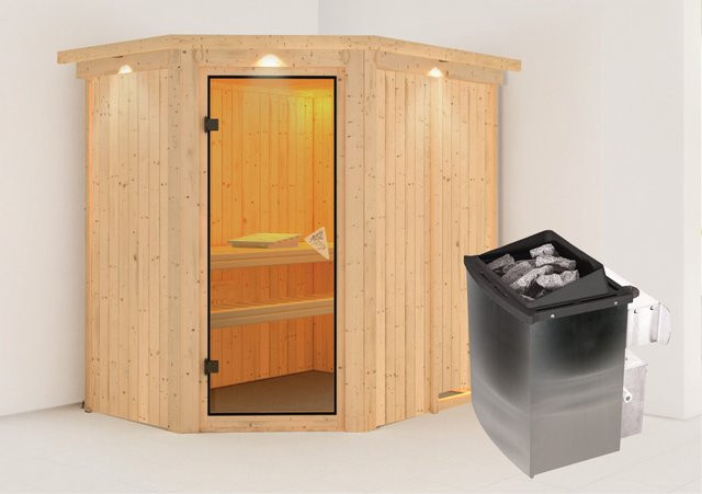 Karibu Sauna Cleo mit 9,0 kW Ofen, integrierter Steuerung und Dachkranz, Ganzglastür in Bronze, B/T/H: 196 x 151 x 198 cm - Bild 1