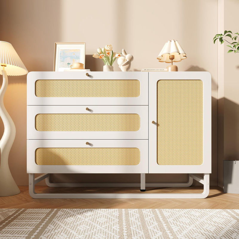 AB Store Landhaus-Kommode in Weiß mit Rattan-Elementen und goldenen Griffen, 3 Schubladen und 1 Tür, B/T/H: 120 x 40 x 85 cm - Bild 2