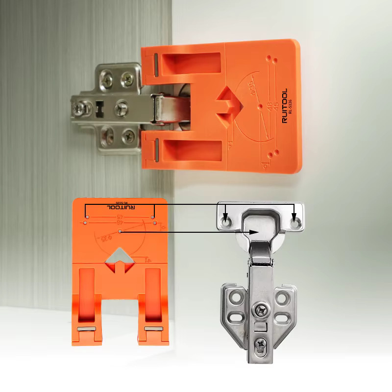 RUITOOL Magnetischer Scharnier-Lokalisierer in Orange aus Kunststoff für Schrank-Scharnier Installationen mit Bohrleitfaden für gerade, mittlere und große Kurven - Bild 3
