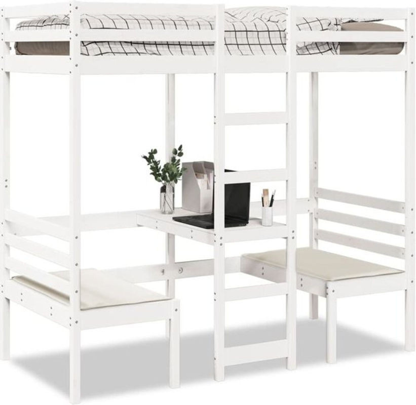Vidaxl Hochbett aus Kiefernholz mit Schreibtisch und Stühlen in Weiß, B/T/H: 200 x 80 x 190,5 cm - Bild 1