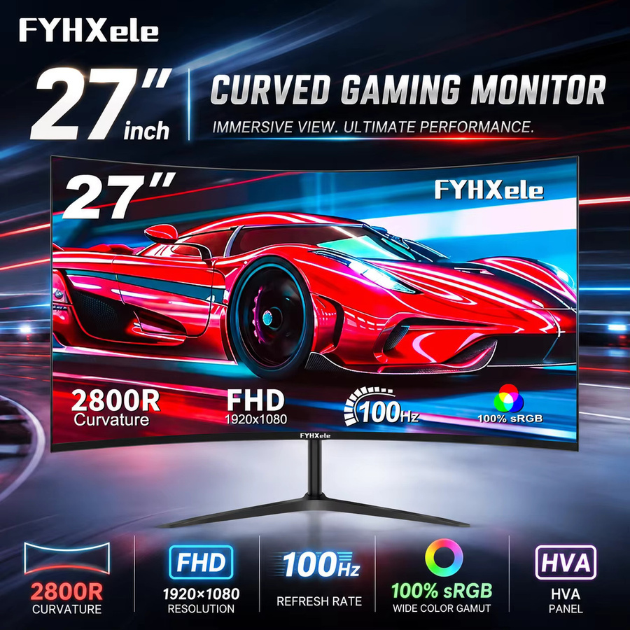 FYHXele Curved Gaming Monitor 27 Zoll, FHD 1080P, 100Hz, CSOT HVA Panel, 2ms, R2800, 99% sRGB, Schwarz - Bild 2