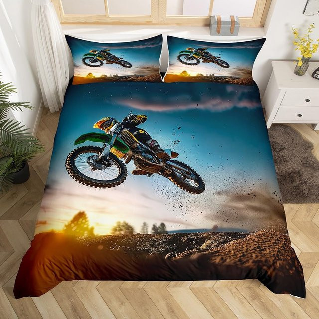 Dirtbike-Bettwäscheset mit Motocross-Design für Jungen und Erwachsene, 3-teiliges Set aus Microfaser, Mehrfarbig, B/H: 140 x 200 cm - Bild 1