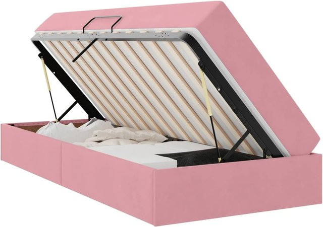 vidaXL Aufbewahrungsbett mit Matratze in Rosa, Samt und Metall, B/T/H: 90 x 200 x 43,5 cm - Bild 1