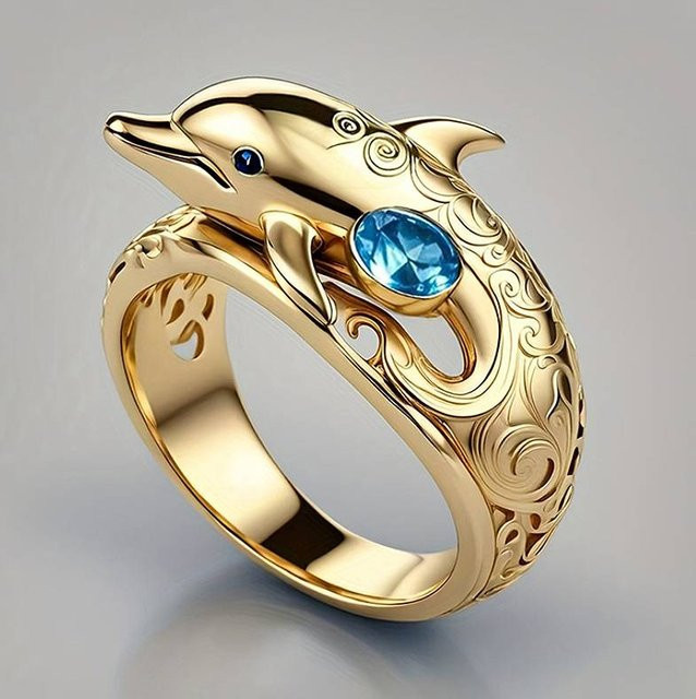 Huitan Ring, Delfin Design, blauer Zirkonia, Kupfer, Gold, Damen - Bild 1