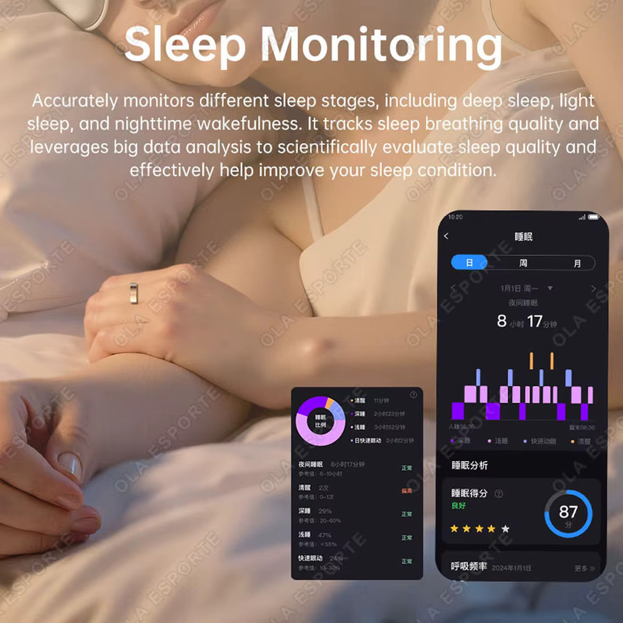 Ola Esporte Smart Ring Schwarz mit Vibrationsalarm, Herzfrequenzmessung, Schlafüberwachung und Anruferinnerung, wasserdicht, Unisex - Bild 4