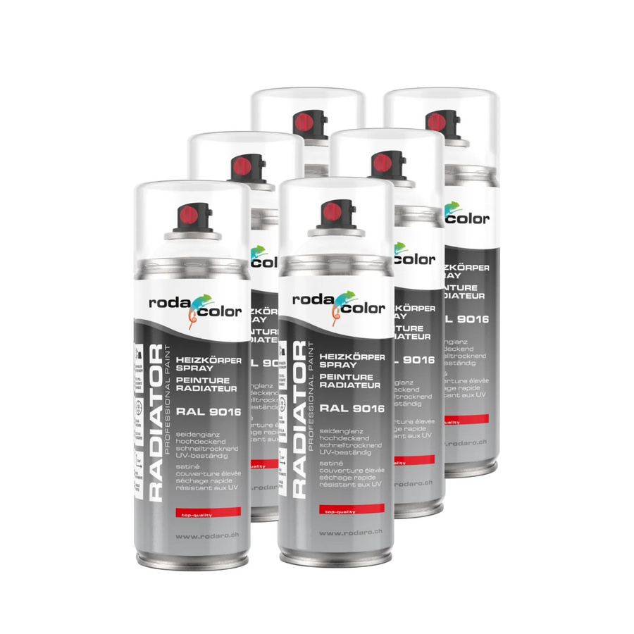 RodaColor Heizkörperspray Sprühlack RAL9016 Verkehrsweiss, 6er Set, 400ml pro Dose - Bild 2