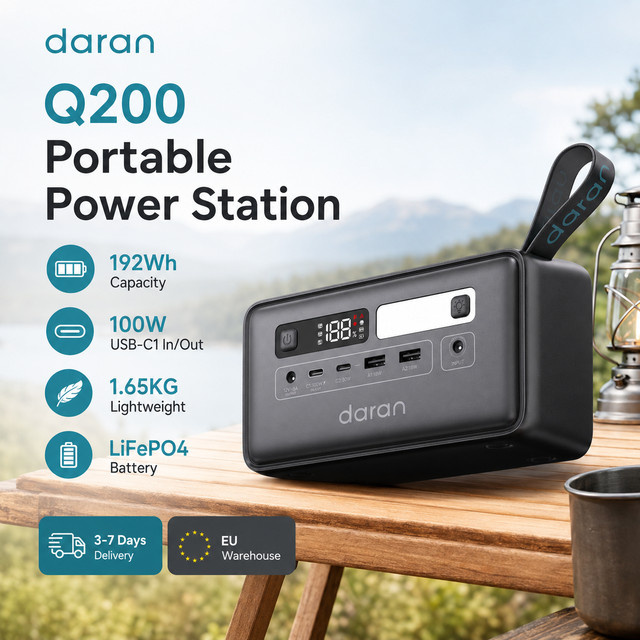 Tragbare Powerstation Daran Q200 in Schwarz mit 192Wh Kapazität, LiFePO4 Akku und 100W PD Schnellladung via USB-C für Camping und Reisen - Bild 1